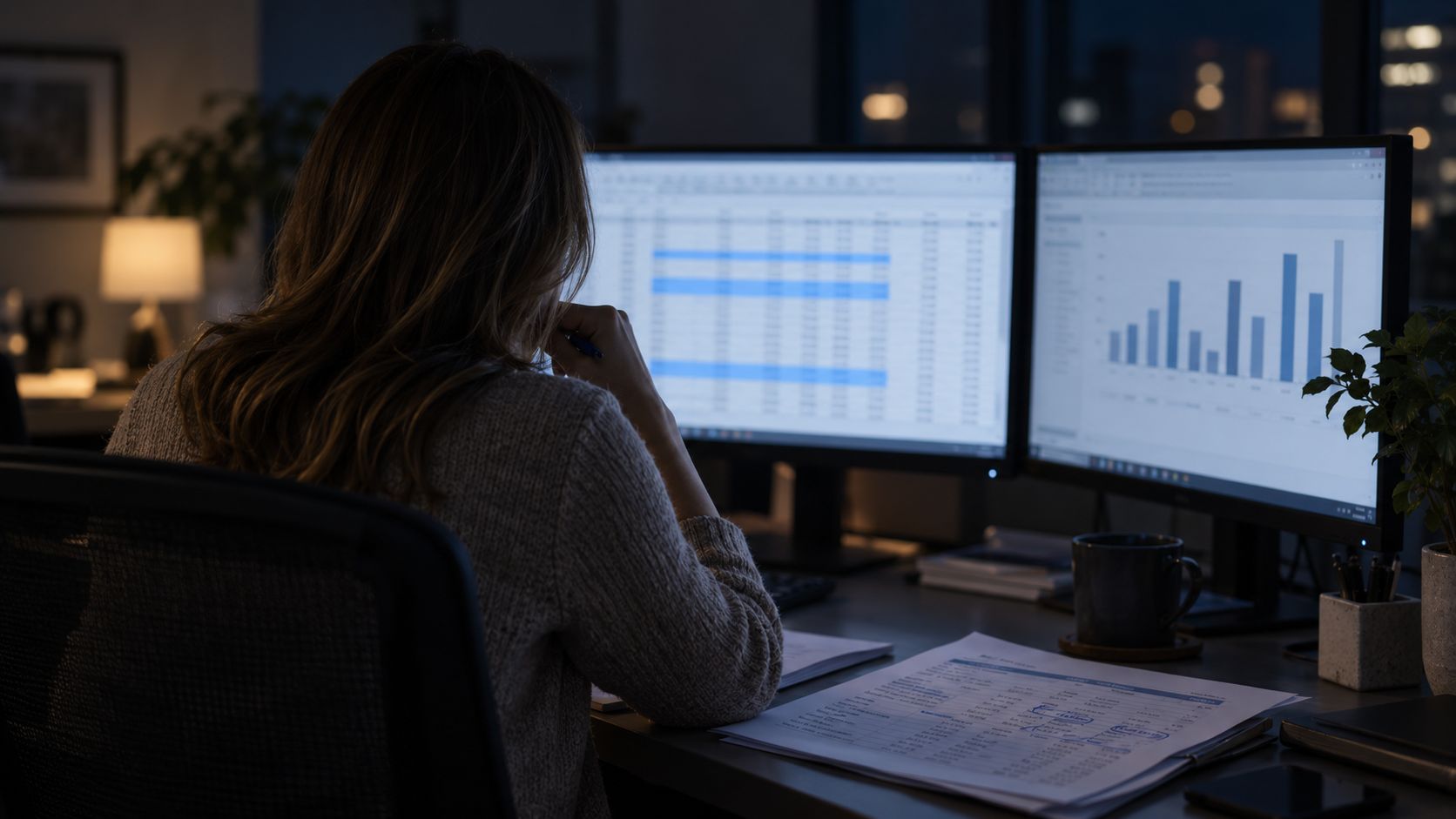 A 321 Swipe analyst reviewing a processor statement on dual monitors