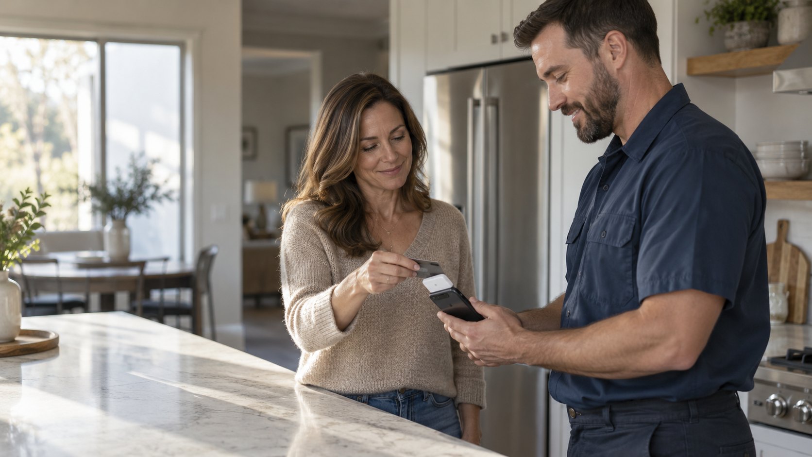 An HVAC technician taking a card payment from a homeowner in her kitchen