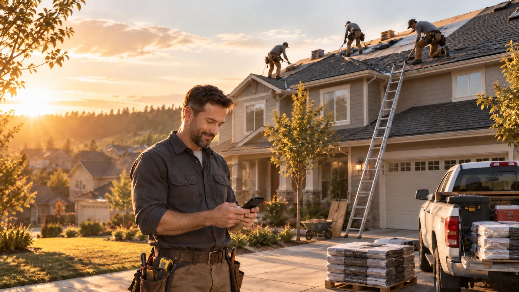 A roofing crew at work at golden hour while the foreman checks his phone